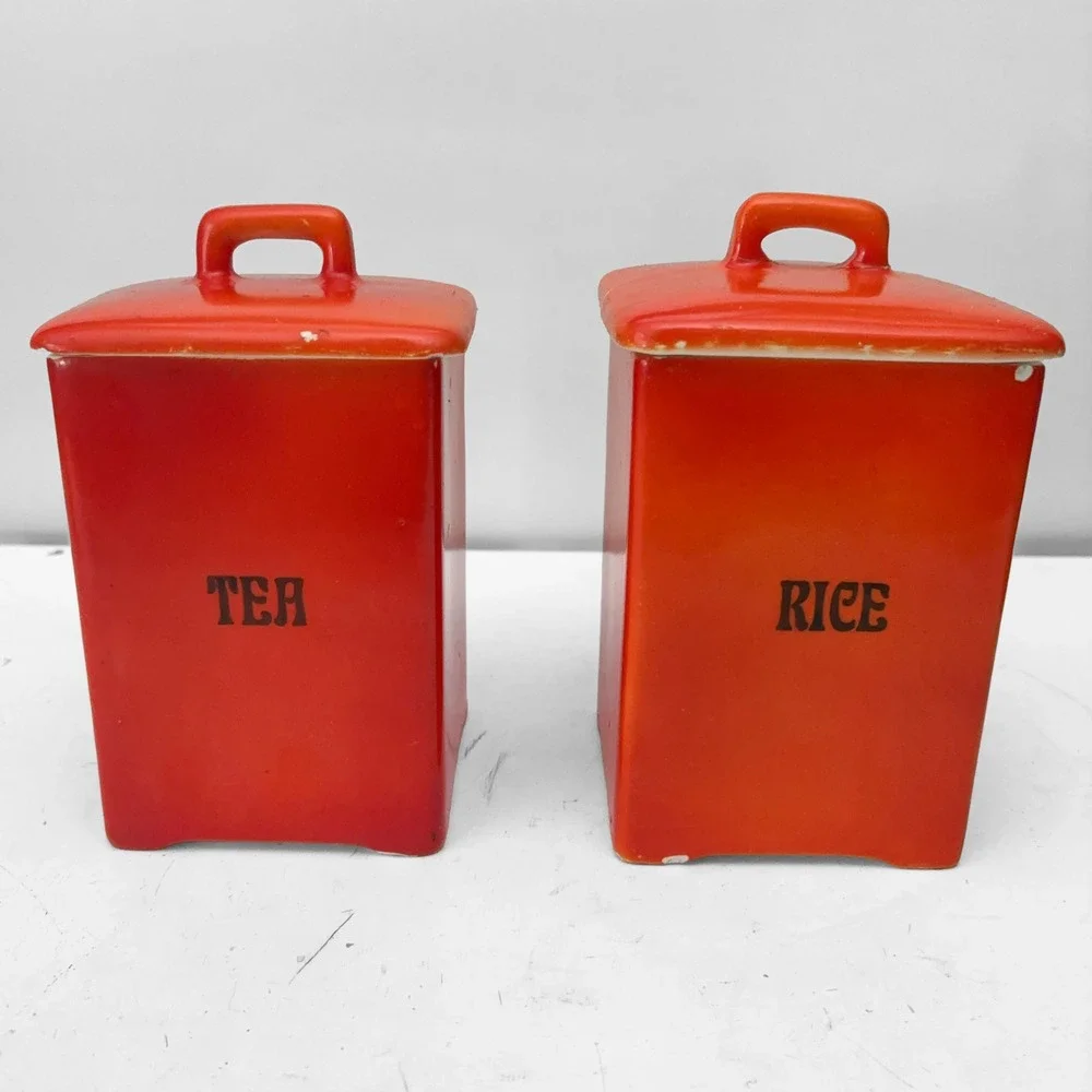 VTG Tea Rice Orange Ceramic Canister Set MCM Retro Czechoslovakia